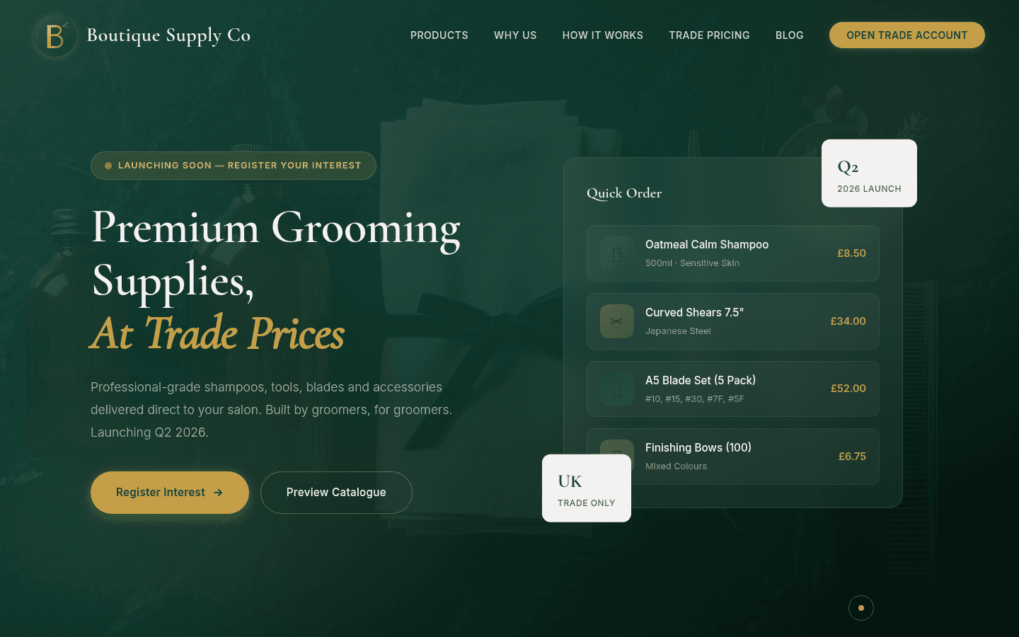 Boutique Supply Co website — live screenshot showing the wholesale product showcase