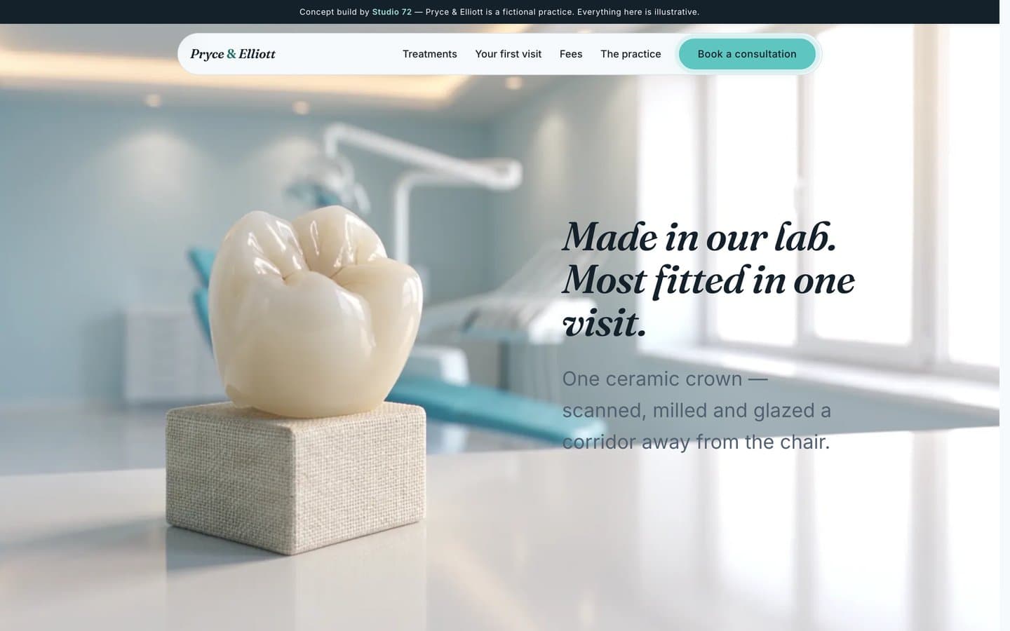 The Pryce & Elliott concept site's crown scene: a ceramic dental crown displayed on a linen plinth, with the fictional-practice disclosure ribbon visible at the top of the page.