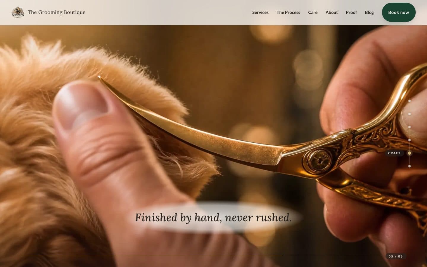 The Grooming Boutique website mid-scroll — gold shears hand-finishing a coat, with the chapter rail and film progress meter