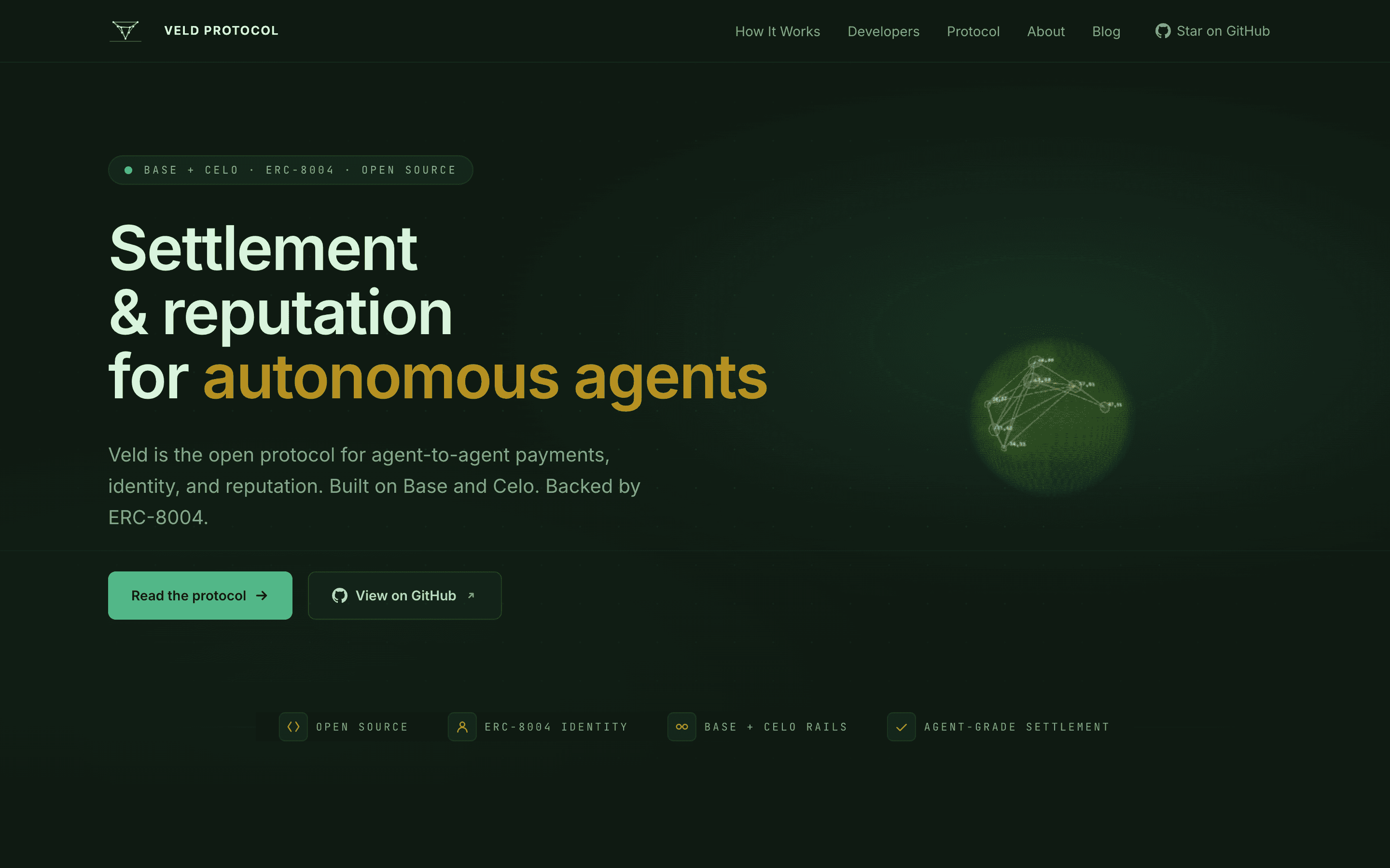 Veld Protocol — flagship animated hero with kinetic typography and architectural settlement-network diagram